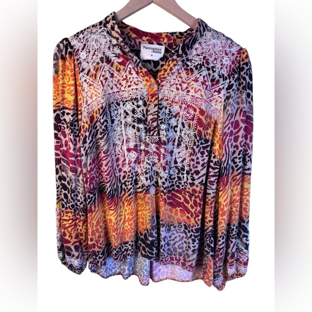 Savanna Jane  Vibrant Multicolored Embroidered Animal Leopard Print Blouse Med